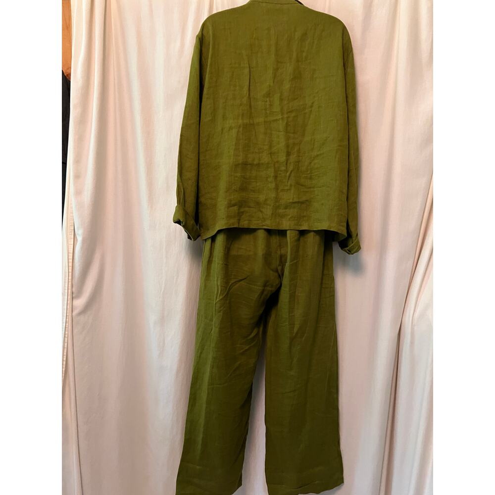 Linen 2-pc blouse pants relax fit loungewear forest green casual logenlook M - Picture 4 of 7